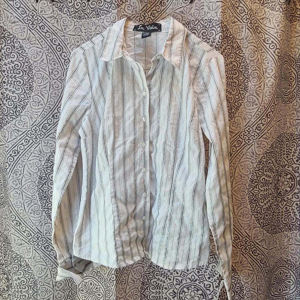 In Vain Button Down Shirt Womens‎ Large White Black Silver Metallic Pinstripe L